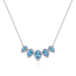 Graduating 14K White Gold Pear Shaped Blue Topaz and Diamond Halo Necklace