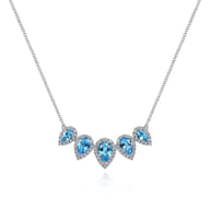 Graduating 14K White Gold Pear Shaped Blue Topaz and Diamond Halo Necklace