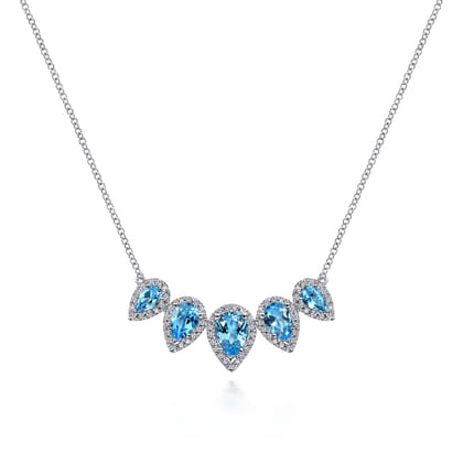 Graduating 14K White Gold Pear Shaped Blue Topaz and Diamond Halo Necklace
