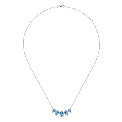 Graduating 14K White Gold Pear Shaped Blue Topaz and Diamond Halo Necklace