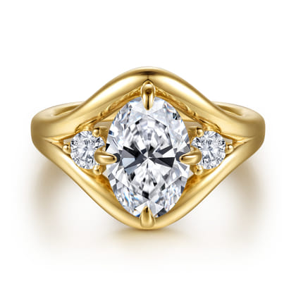 Grand - 14K Yellow Gold Compass Prong Oval Three Stone Diamond Engagement Ring
