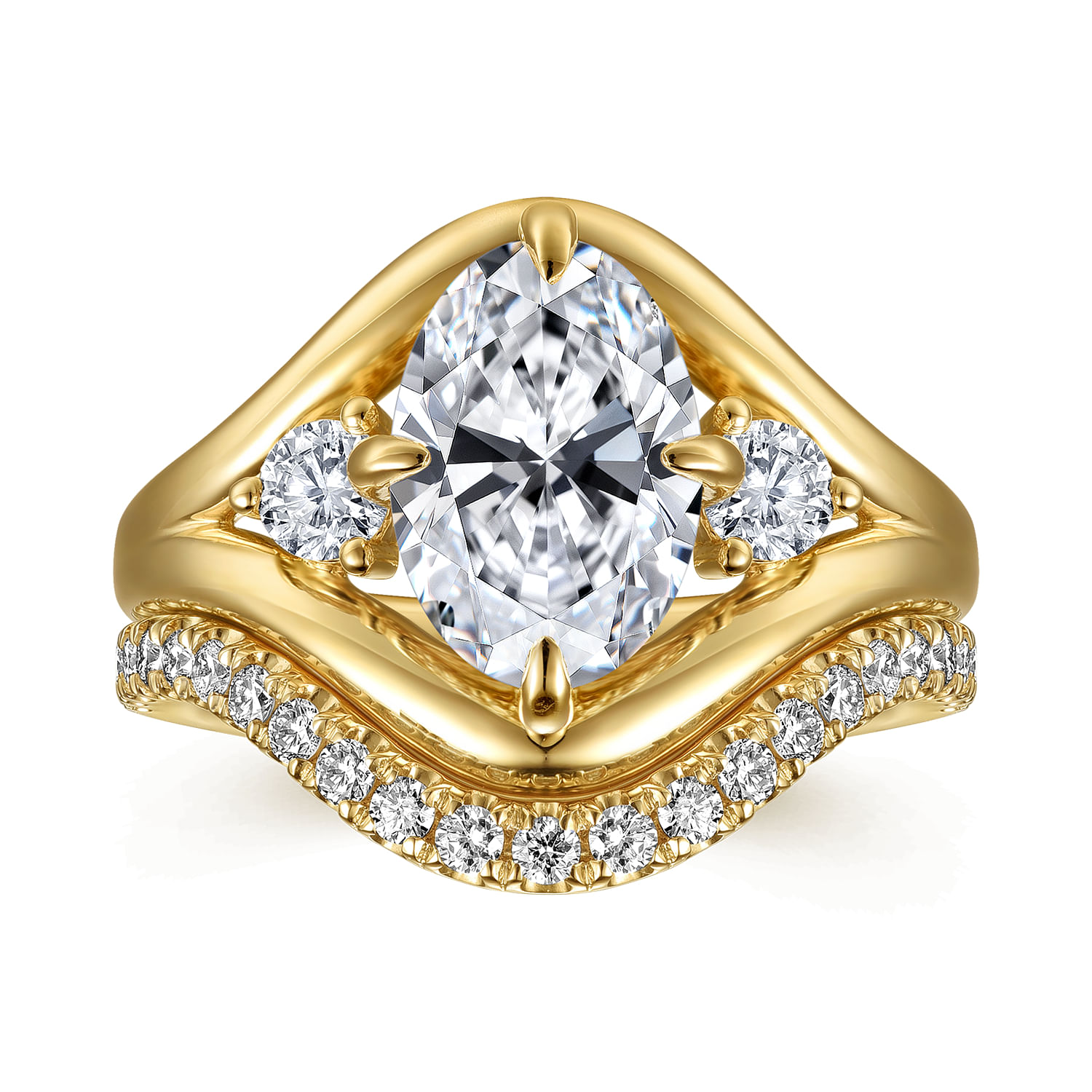 Grand - 14K Yellow Gold Compass Prong Oval Three Stone Diamond Engagement Ring