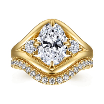 Grand - 14K Yellow Gold Compass Prong Oval Three Stone Diamond Engagement Ring