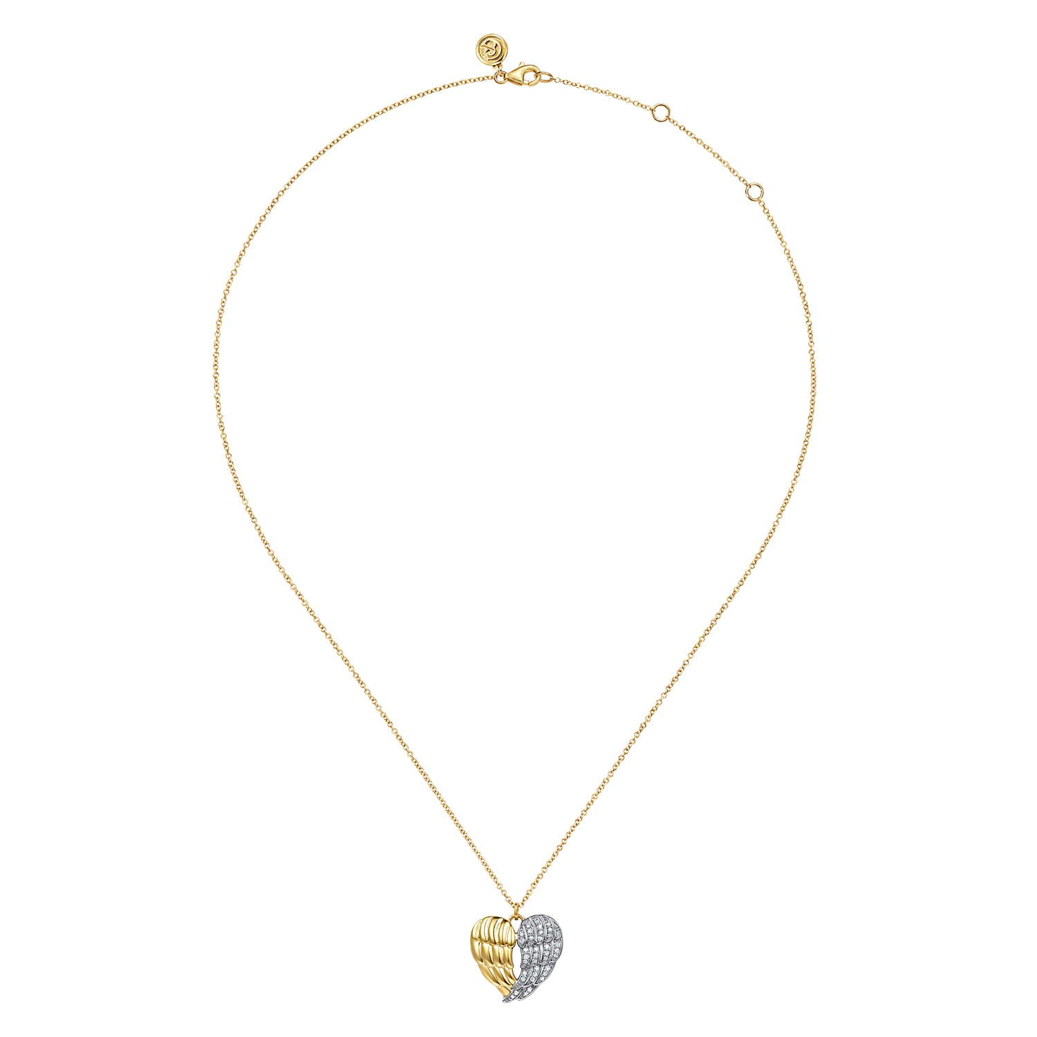 HEART - 14K White  Yellow Gold Diamond Heart Angel Wing Pendant Necklace