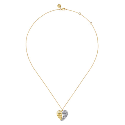 HEART - 14K White  Yellow Gold Diamond Heart Angel Wing Pendant Necklace
