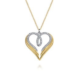 HEART - 14K White  Yellow Gold Diamond Heart Angel Wing Pendant Necklace
