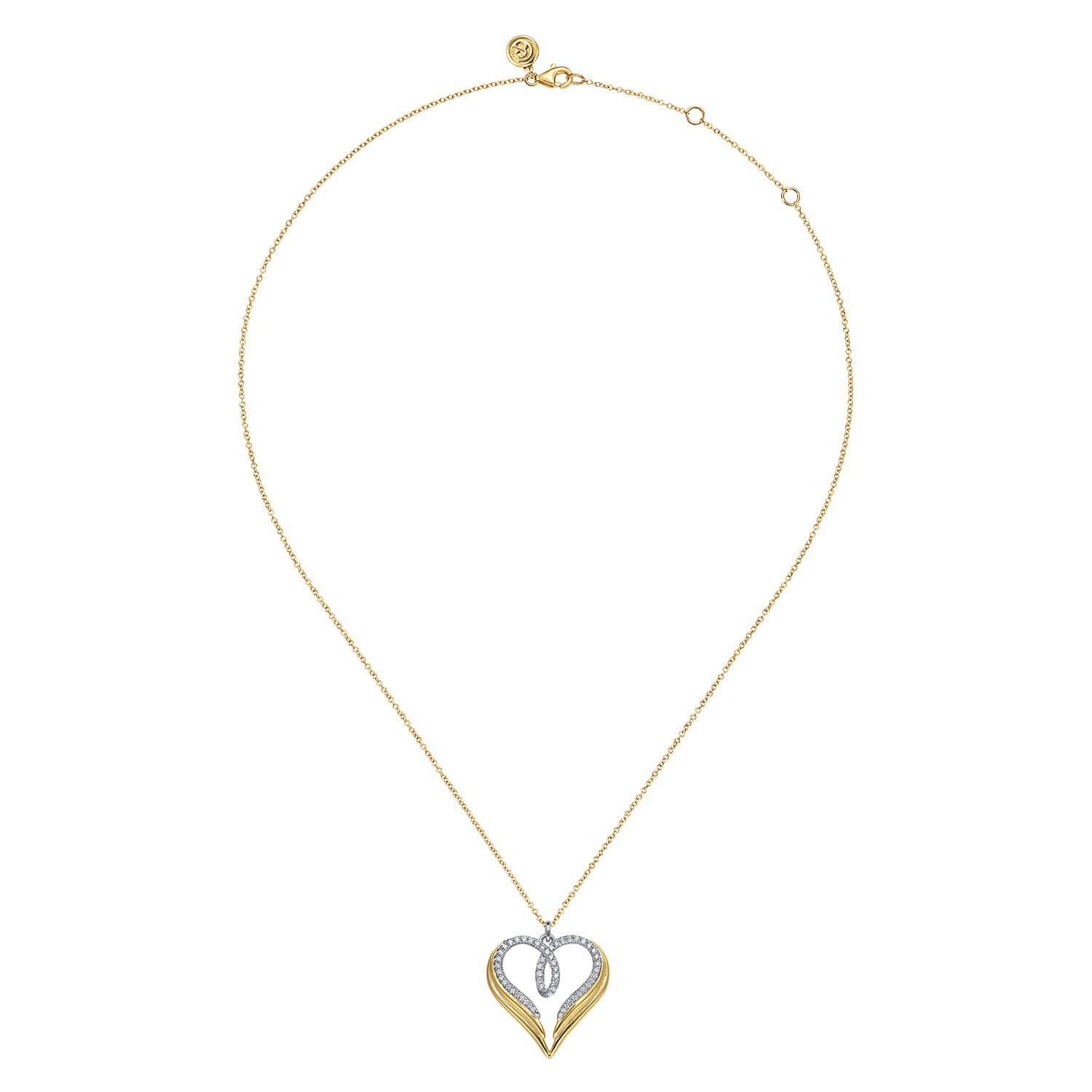 HEART - 14K White  Yellow Gold Diamond Heart Angel Wing Pendant Necklace