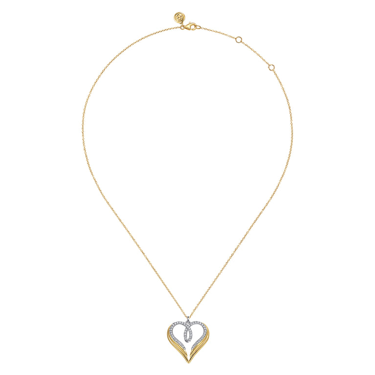 HEART - 14K White  Yellow Gold Diamond Heart Angel Wing Pendant Necklace - 0.34 ct - Shot 2