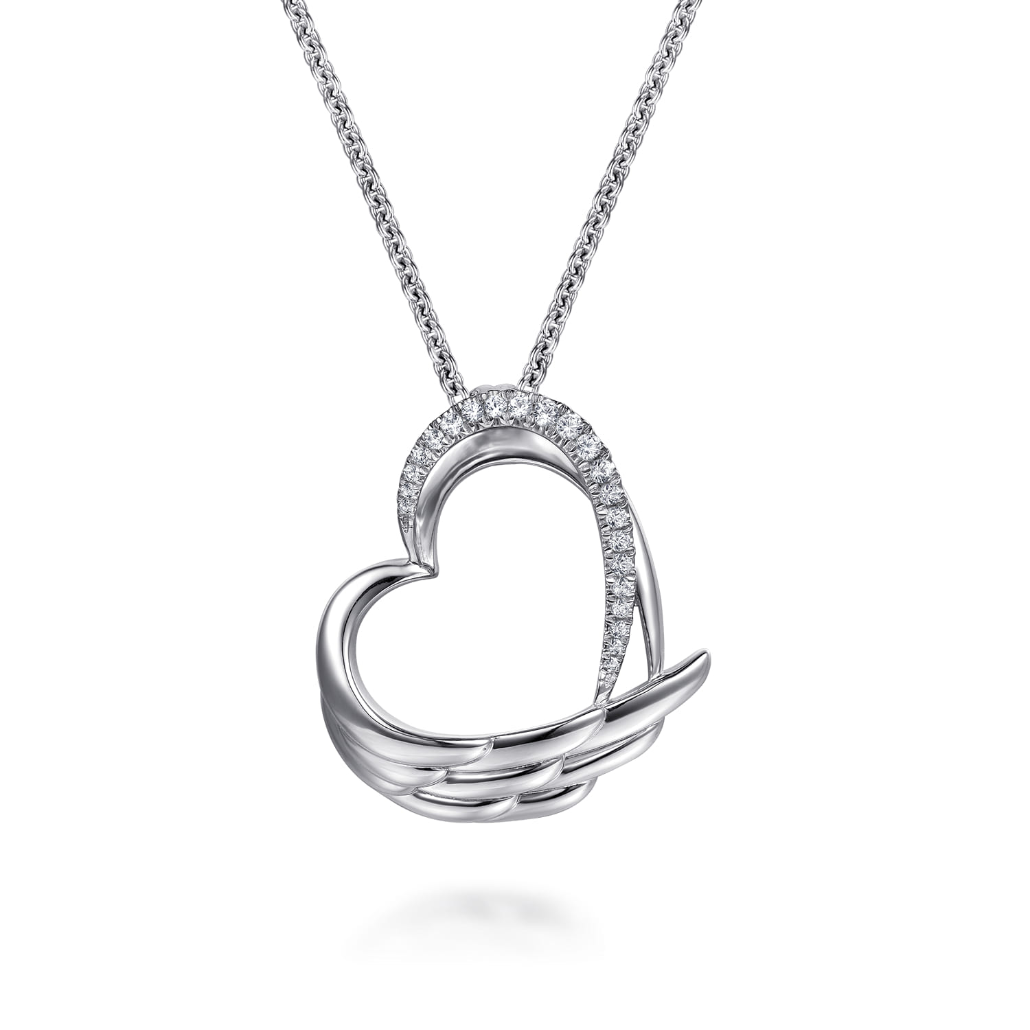 HEART - 925 Sterling Silver White Sapphire Heart Angel Wing Pendant Necklace - Shot 1