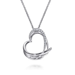 HEART - 925 Sterling Silver White Sapphire Heart Angel Wing Pendant Necklace