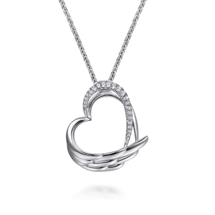 HEART - 925 Sterling Silver White Sapphire Heart Angel Wing Pendant Necklace