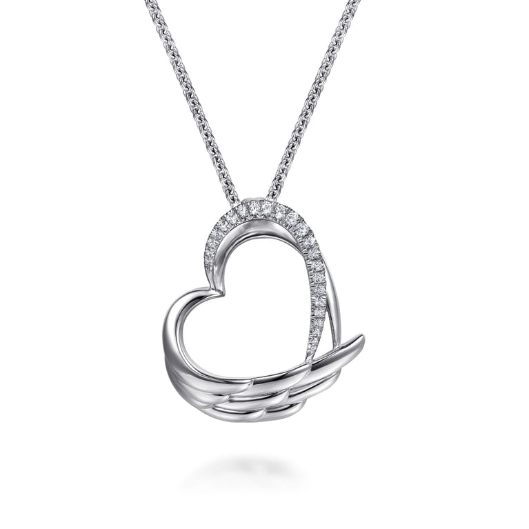 HEART - 925 Sterling Silver White Sapphire Heart Angel Wing Pendant Necklace - Shot 1
