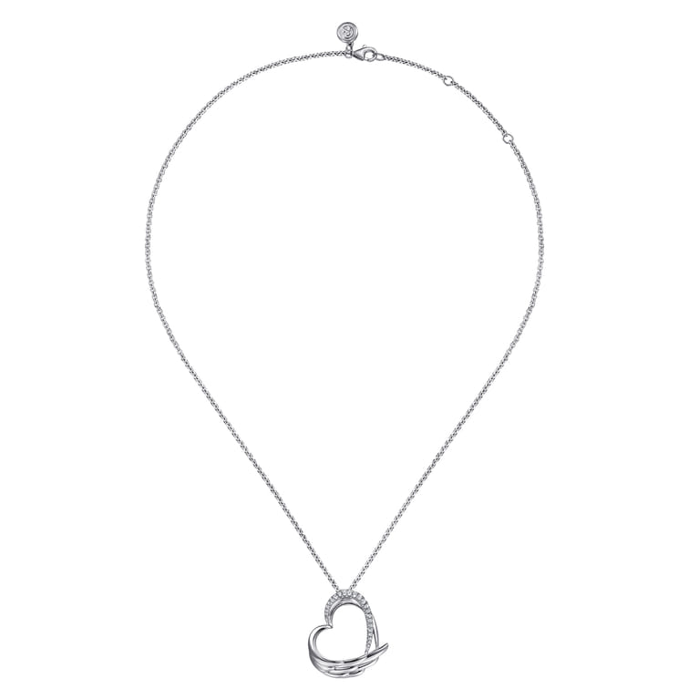 HEART - 925 Sterling Silver White Sapphire Heart Angel Wing Pendant Necklace - Shot 2