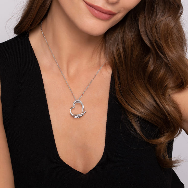 HEART - 925 Sterling Silver White Sapphire Heart Angel Wing Pendant Necklace - Shot 3