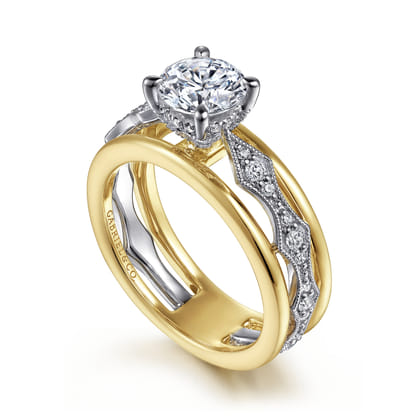 Halette - 14K White-Yellow Gold Round Diamond Engagement Ring