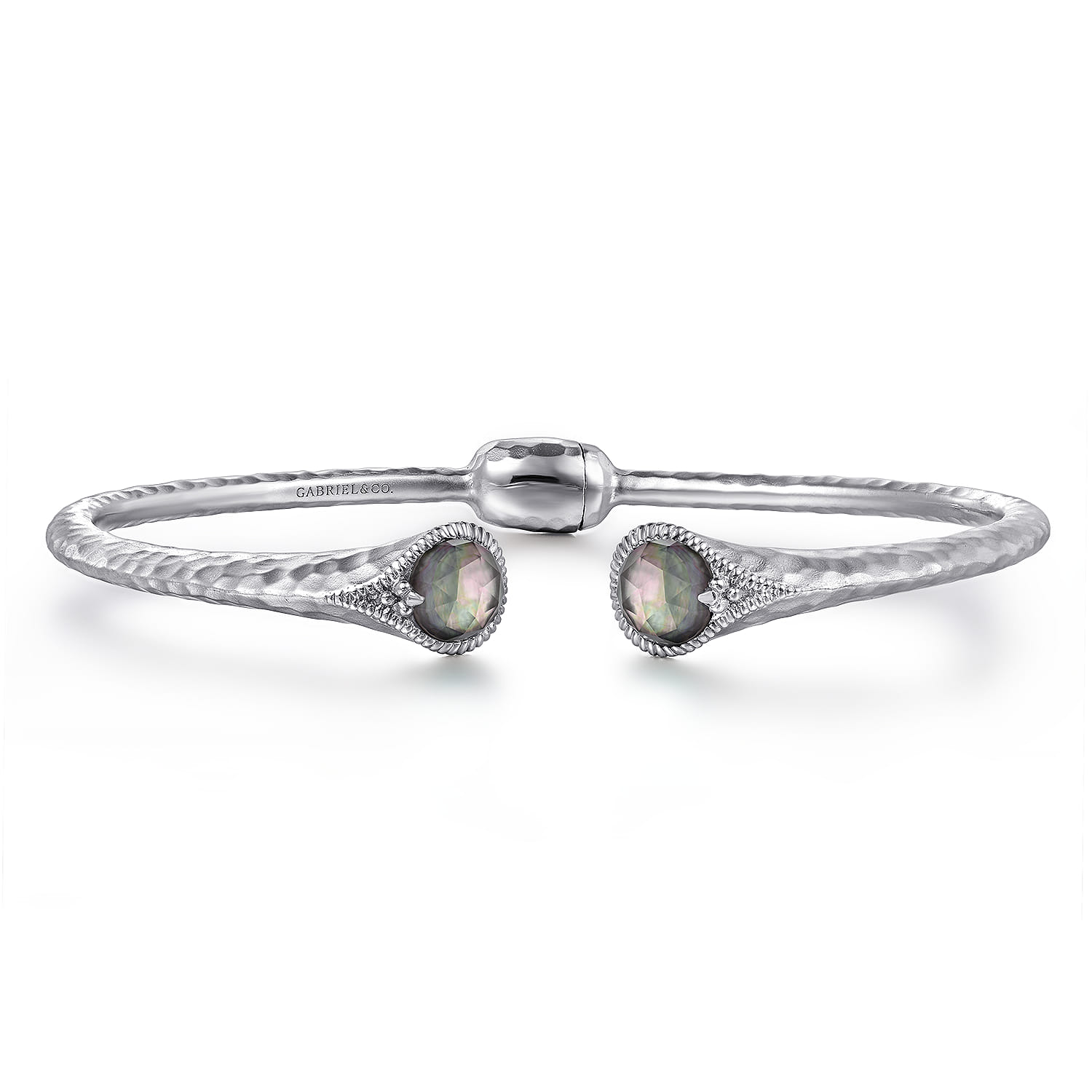 Hammered 925 Sterling Silver Rock Crystal and Black Pearl Hinged Cuff - Shot 1