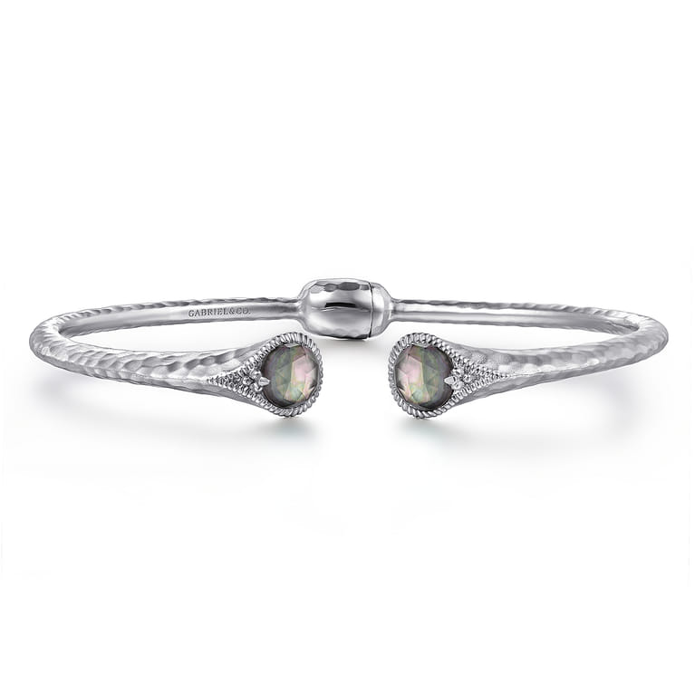 Hammered 925 Sterling Silver Rock Crystal and Black Pearl Hinged Cuff - Shot 1
