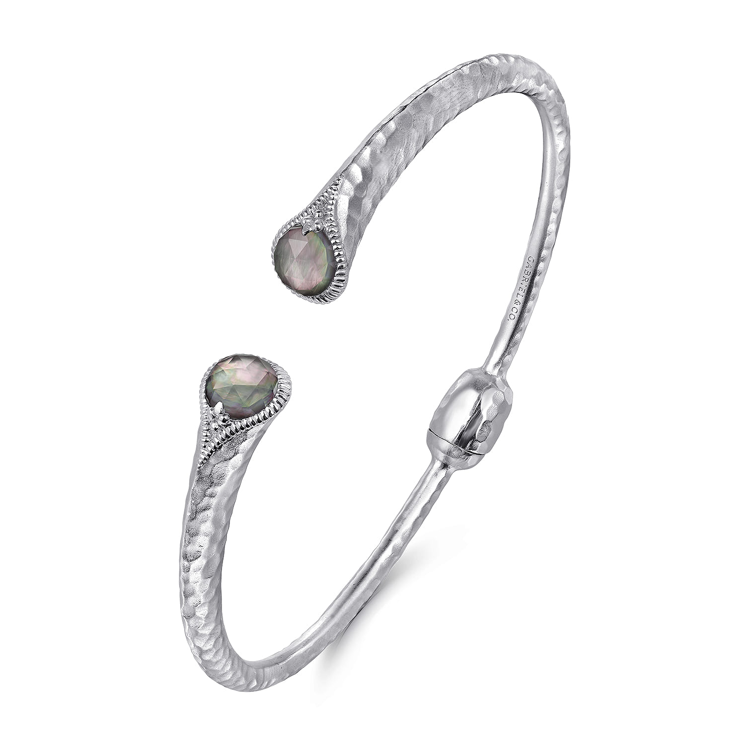 Hammered 925 Sterling Silver Rock Crystal and Black Pearl Hinged Cuff - Shot 2