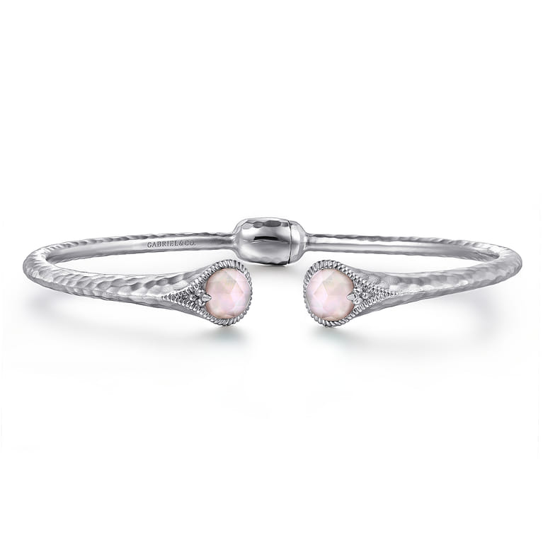 Hammered 925 Sterling Silver Rock Crystal and Pink MOP Hinged Cuff - Shot 1