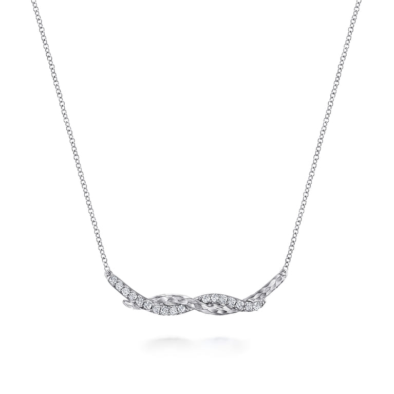 Hammered 925 Sterling Silver White Sapphire Twisted Bar Necklace - Shot 1
