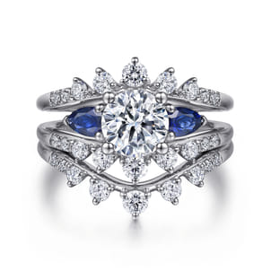 Harmony - 14K White Gold Round Three Stone Sapphire and Diamond Engagement Ring