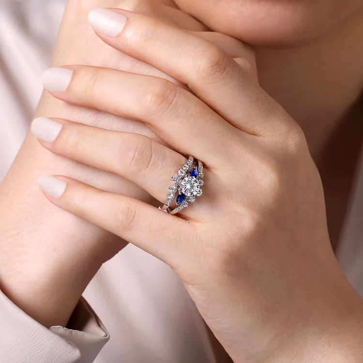 Harmony - 14K White Gold Round Three Stone Sapphire and Diamond Engagement Ring