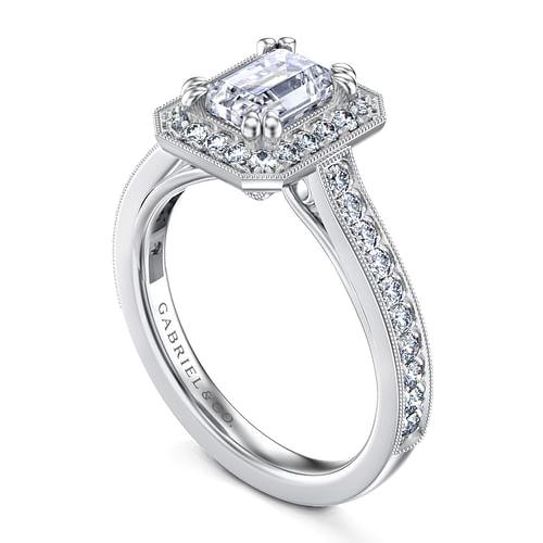 Harper - Vintage Inspired 14K White Gold Emerald Halo Diamond Engagement Ring - 0.44 ct - Shot 3