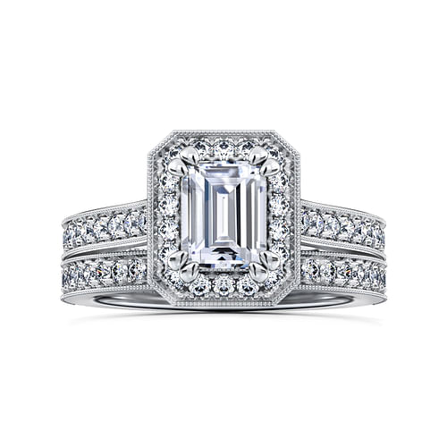 Harper - Vintage Inspired 14K White Gold Emerald Halo Diamond Engagement Ring - 0.44 ct - Shot 4