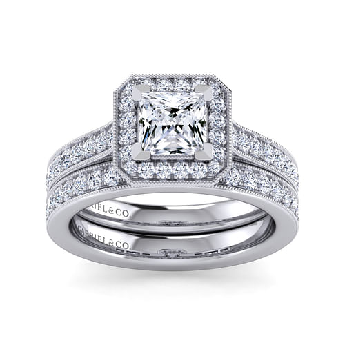 Harper - Vintage Inspired 14K White Gold Princess Halo Diamond Engagement Ring - 0.44 ct - Shot 4