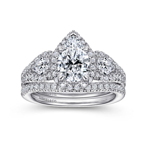Hartley - 14K White Gold Pear Shape Three Stone Halo Diamond Engagement Ring - 0.85 ct - Shot 4