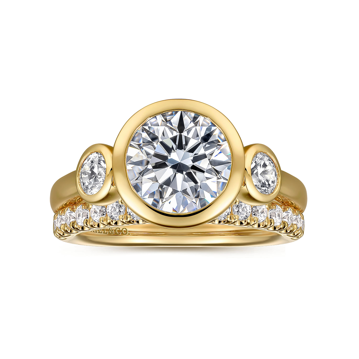 Henley - 14K Yellow Gold Round Three Stone Bezel Set Diamond Engagement Ring