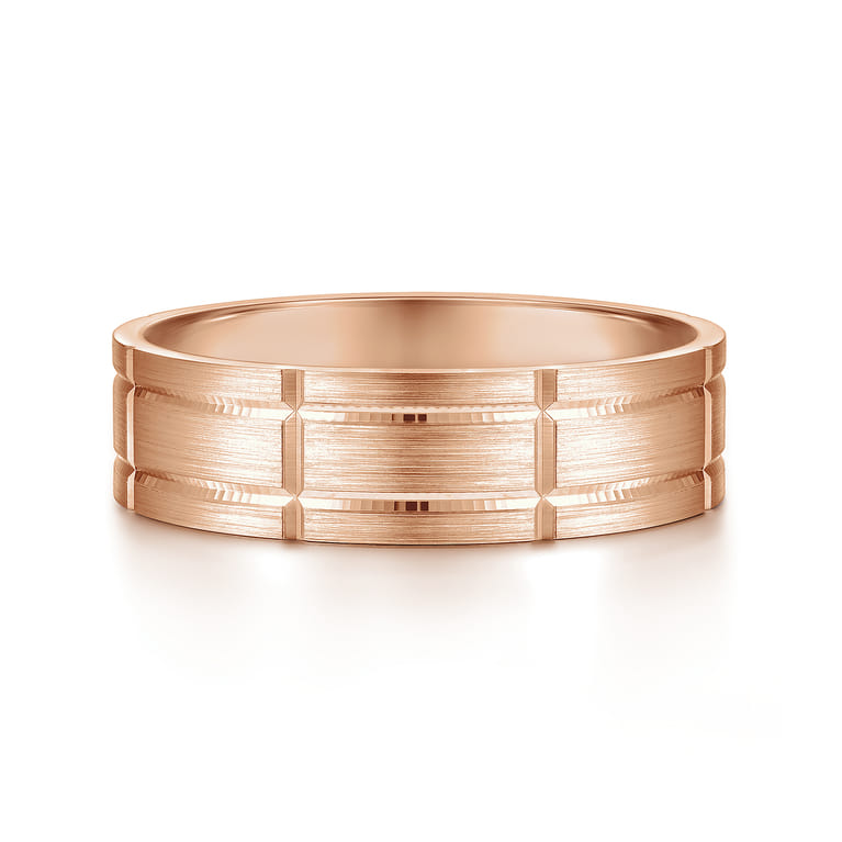 Henry - 14K Rose Gold 6mm - Checkerboard Pattern Men's Wedding Band in Satin Finish - Shot 1