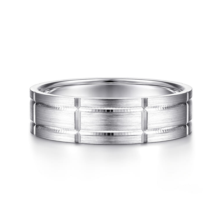 Henry - 14K White Gold 6mm - Checkerboard Pattern Men's Wedding Band in Satin Finish - Shot 1