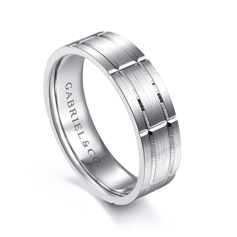 Henry - 14K White Gold 6mm - Checkerboard Pattern Men's Wedding Band in Satin Finish - Shot 3