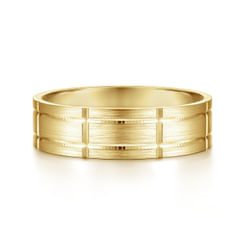 14K Yellow Gold 6mm - Checkerboard Pattern Men's Wedding Band in Satin Finish