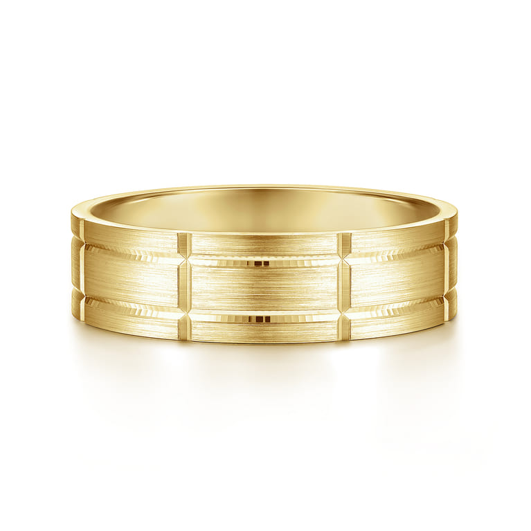 Henry - 14K Yellow Gold 6mm - Checkerboard Pattern Men's Wedding Band in Satin Finish - Shot 1