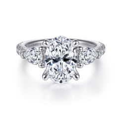 18K White Gold Oval Three Stone Diamond Engagement Ring