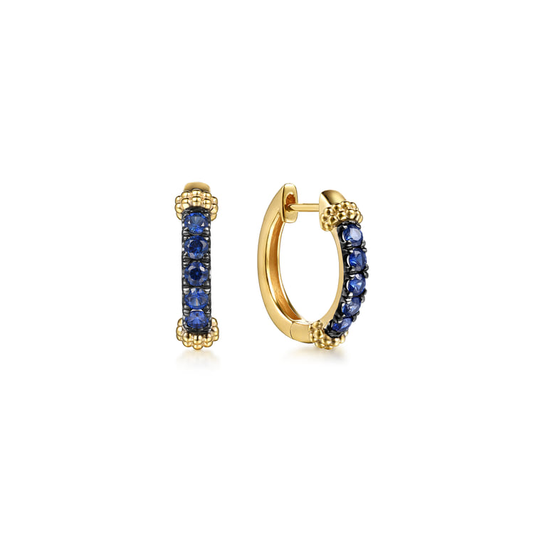 Huggie Earrings 14K Yellow Gold Blue Sapphire 15mm Bujukan - Shot 1