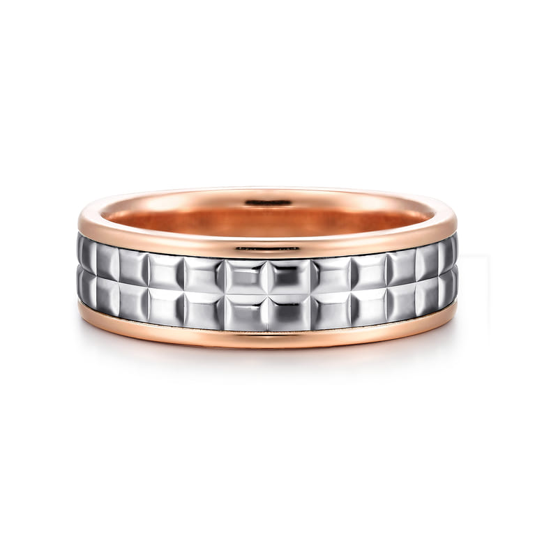 Hugo - 14K White-Rose Gold 7mm - Square Inlay Men's Two Tone Wedding Band - Shot 1