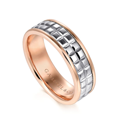 Hugo - 14K White-Rose Gold 7mm - Square Inlay Men's Two Tone Wedding Band