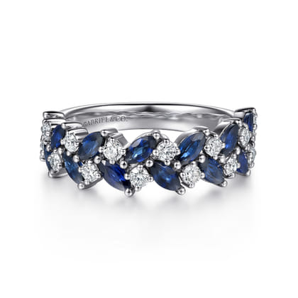 Hula - 14K White Gold Prong Set Marquise Sapphire and Round Diamond Anniversary Band