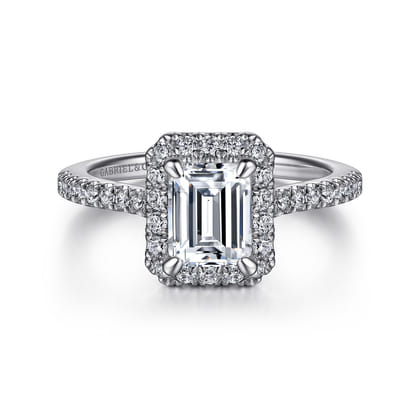 Idina - 14K White Gold Halo Emerald Cut Diamond Engagement Ring