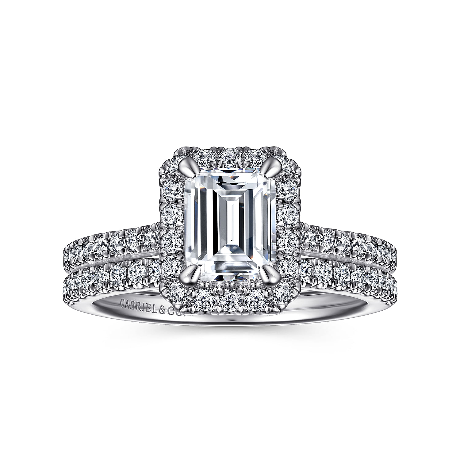 Idina - 14K White Gold Halo Emerald Cut Diamond Engagement Ring