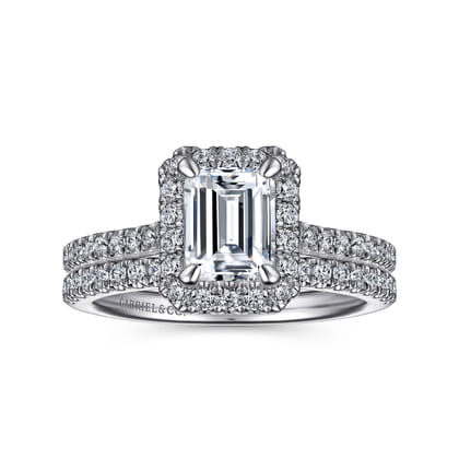 Idina - 14K White Gold Halo Emerald Cut Diamond Engagement Ring