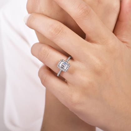 Idina - 14K White Gold Halo Emerald Cut Diamond Engagement Ring