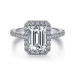 Idina - 14K White Gold Halo Emerald Cut Diamond Engagement Ring