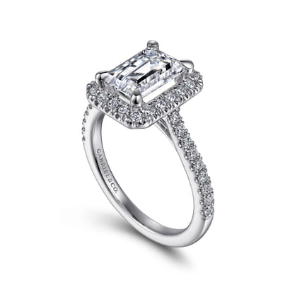 Idina - 14K White Gold Halo Emerald Cut Diamond Engagement Ring