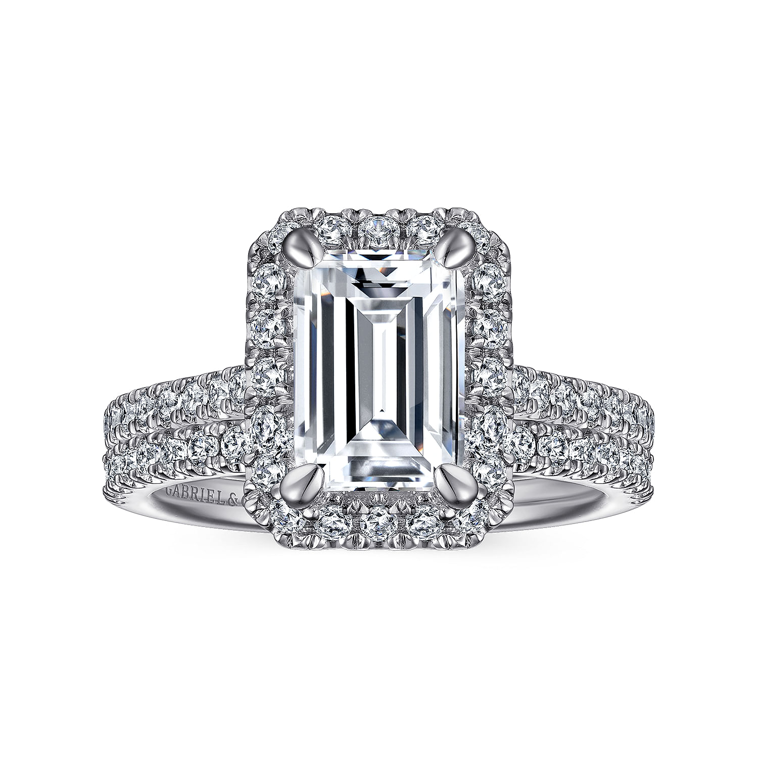 Idina - 14K White Gold Halo Emerald Cut Diamond Engagement Ring