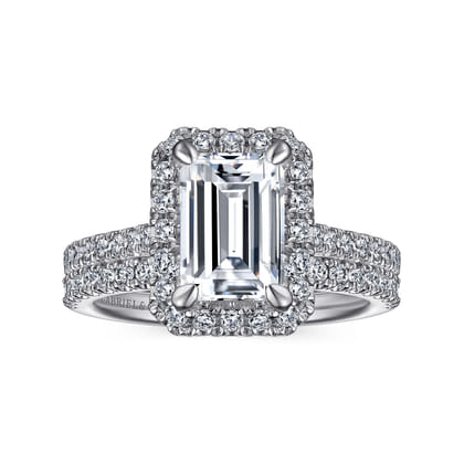Idina - 14K White Gold Halo Emerald Cut Diamond Engagement Ring