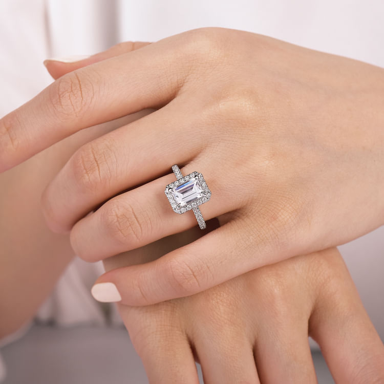 Idina - 14K White Gold Halo Emerald Cut Diamond Engagement Ring